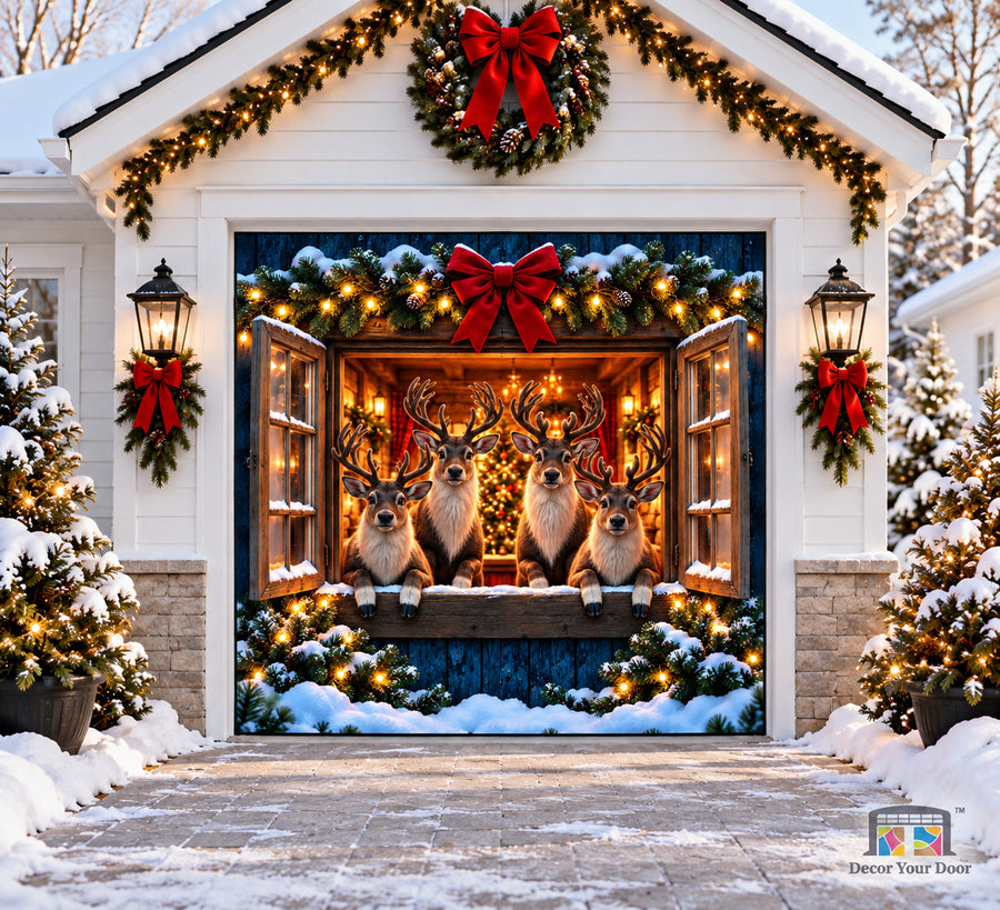 Deer Family in the Window Christmas Garage Door Cover — One Car Front