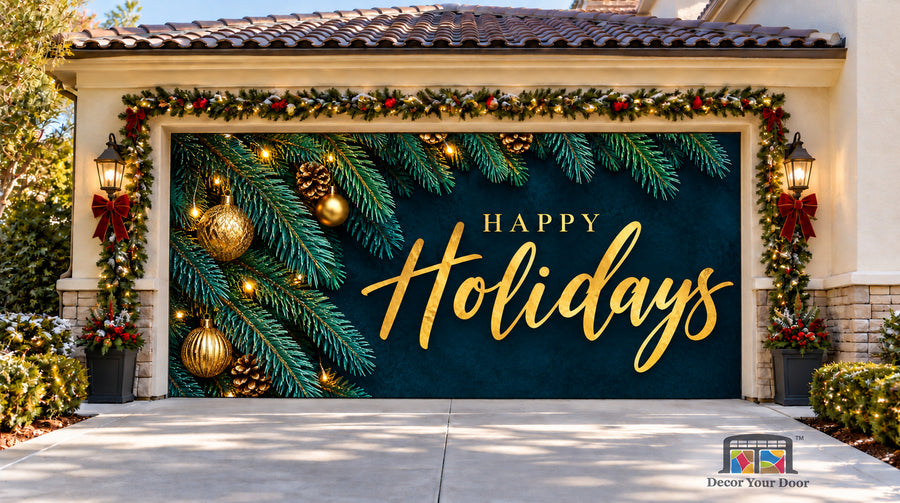 Gold Happy Holidays Evergreen Garage Door Cover — Two Car Front