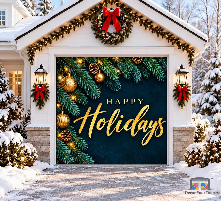 Gold Happy Holidays Evergreen Garage Door Cover — One Car Front