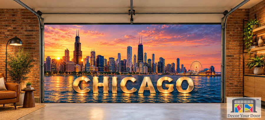 Chicago Skyline and Landmarks interior garage door cover on a two-car door, front view
