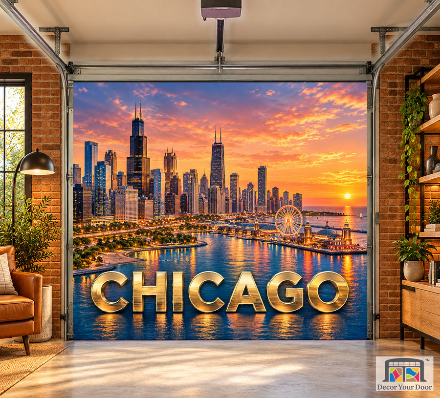 Chicago Skyline and Landmarks interior garage door cover on a one-car door, front view