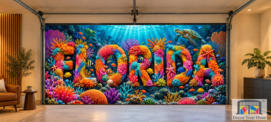 Florida Coral Reef Dream interior garage door cover on a two-car door, front view