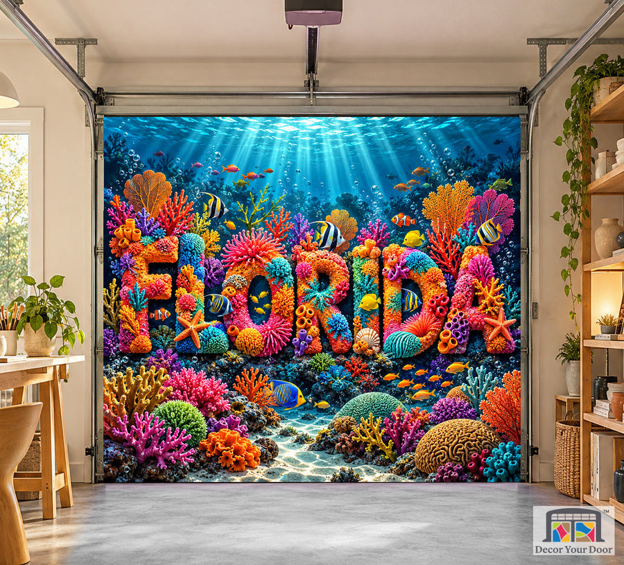 Florida Coral Reef Dream interior garage door cover on a one-car door, front view
