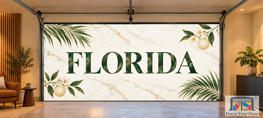 Florida Modern Coastal Marble interior garage door cover on a two-car door, front view