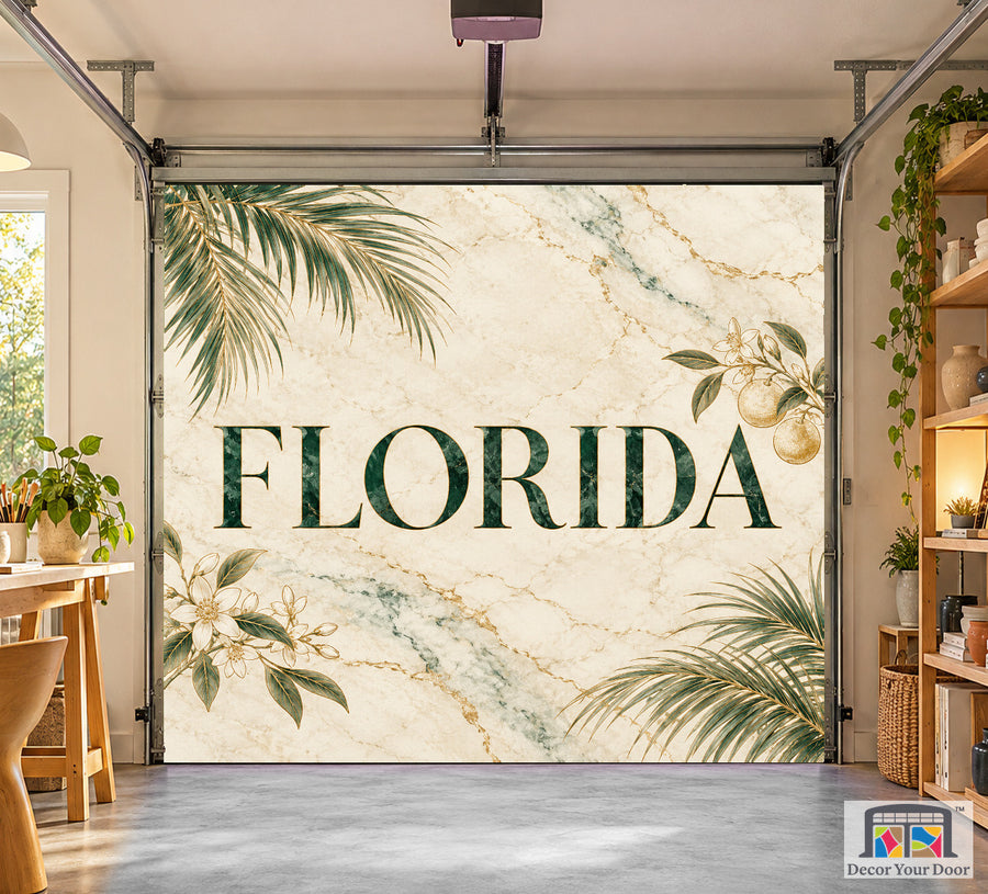 Florida Modern Coastal Marble interior garage door cover on a one-car door, front view