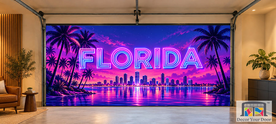 Florida Retro Neon Palms interior garage door cover on a two-car door, front view