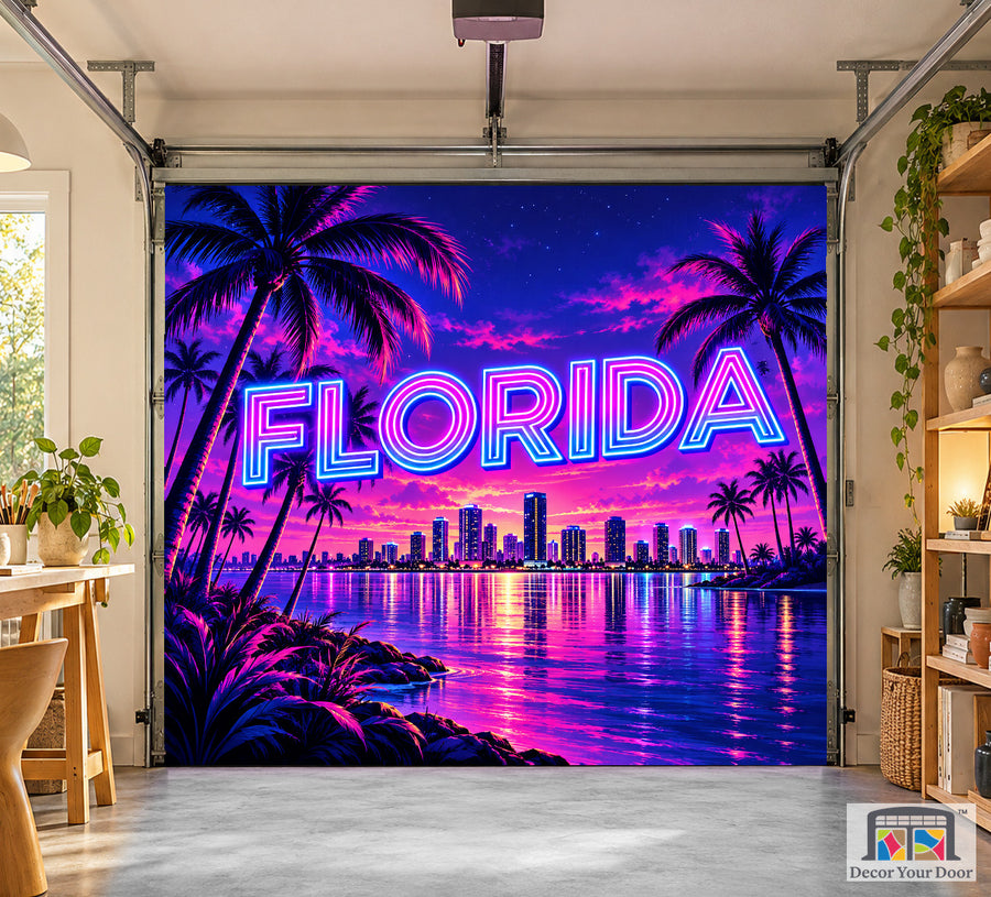 Florida Retro Neon Palms interior garage door cover on a one-car door, front view