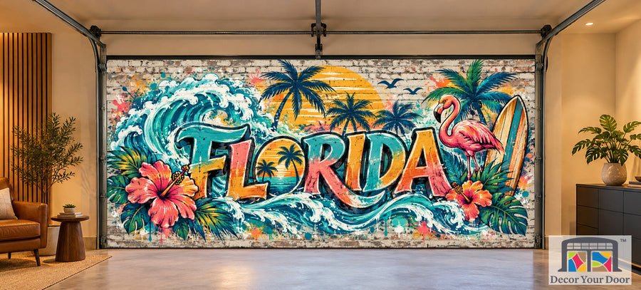 Florida Coastal Street Art interior garage door cover on a two-car door, front view