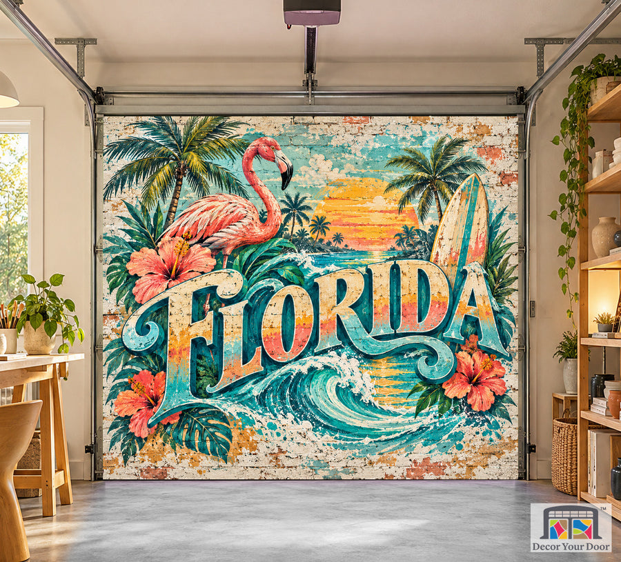 Florida Coastal Street Art interior garage door cover on a one-car door, front view