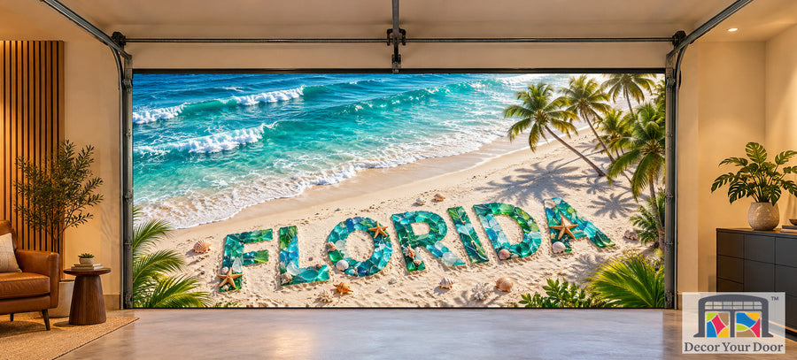 Florida Turquoise Shore interior garage door cover on a two-car door, front view