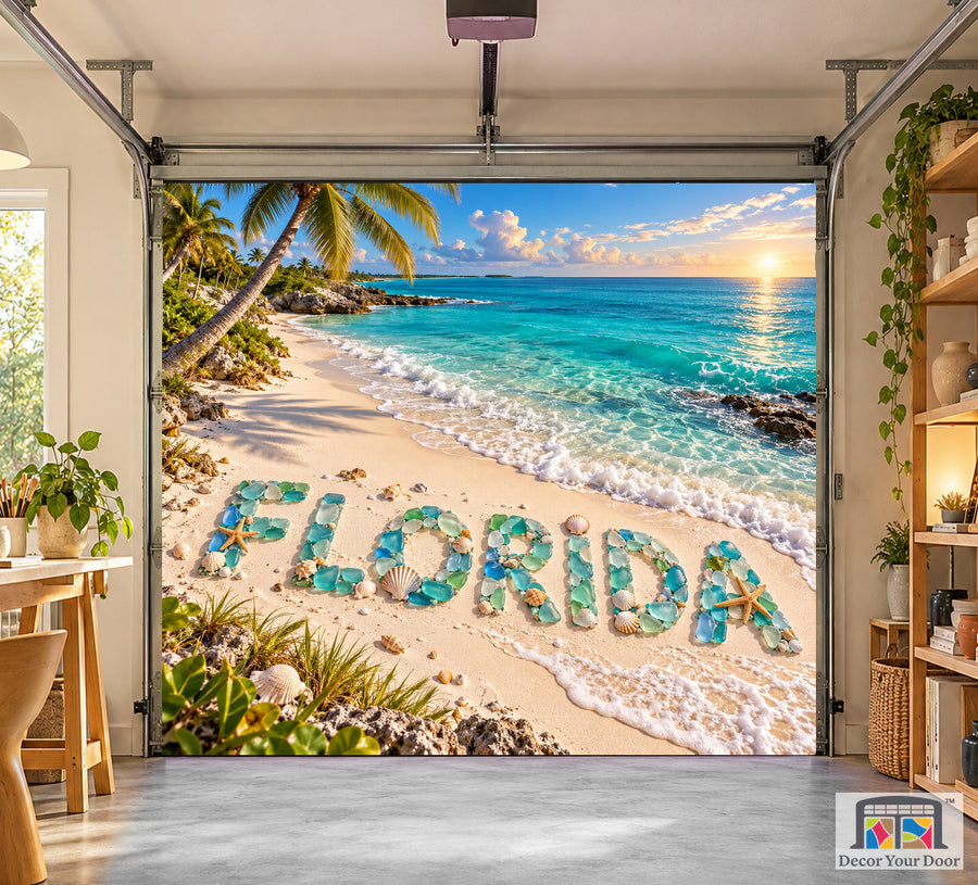 Florida Turquoise Shore interior garage door cover on a one-car door, front view