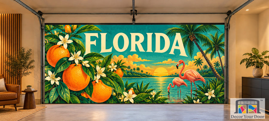 Florida Citrus Heritage interior garage door cover on a two-car door, front view