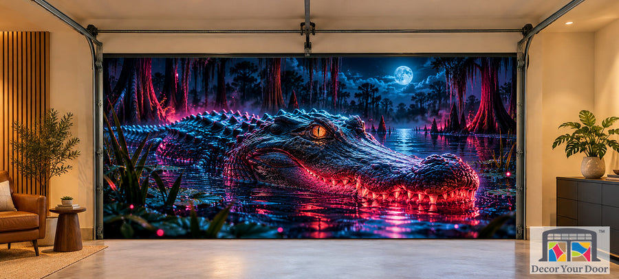 Florida Neon Swamp Predator interior garage door cover on a two-car door, front view