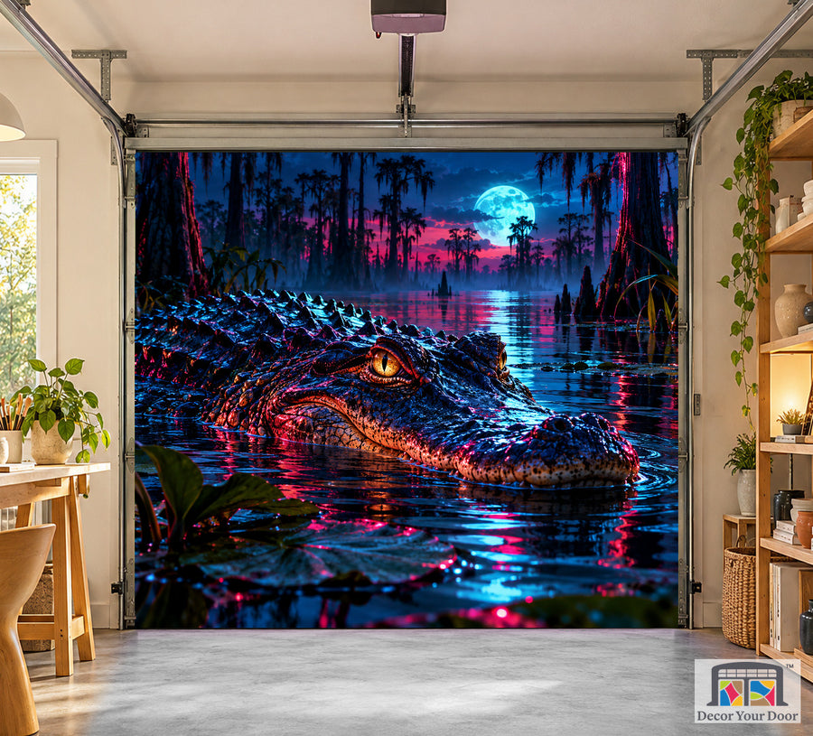 Florida Neon Swamp Predator interior garage door cover on a one-car door, front view