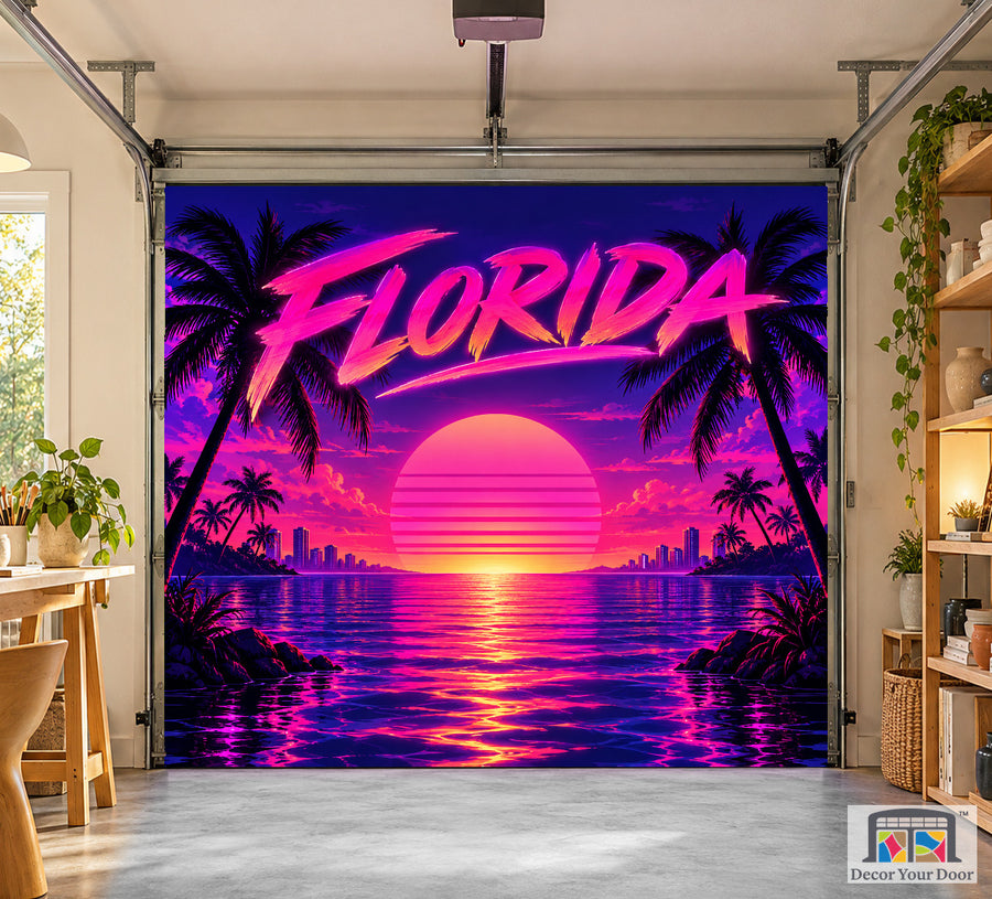Florida Sunset Synthwave interior garage door cover on a one-car door, front view