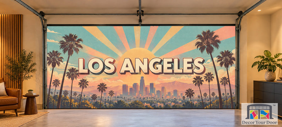 Los Angeles Retro Vintage interior garage door cover on a two-car door, front view