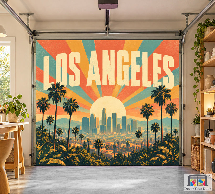 Los Angeles Retro Vintage interior garage door cover on a one-car door, front view