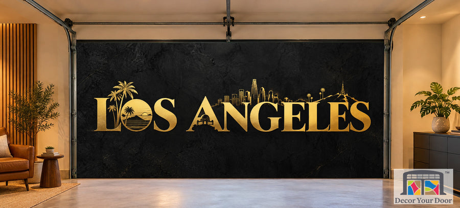 Los Angeles Black and Gold interior garage door cover on a two-car door, front view
