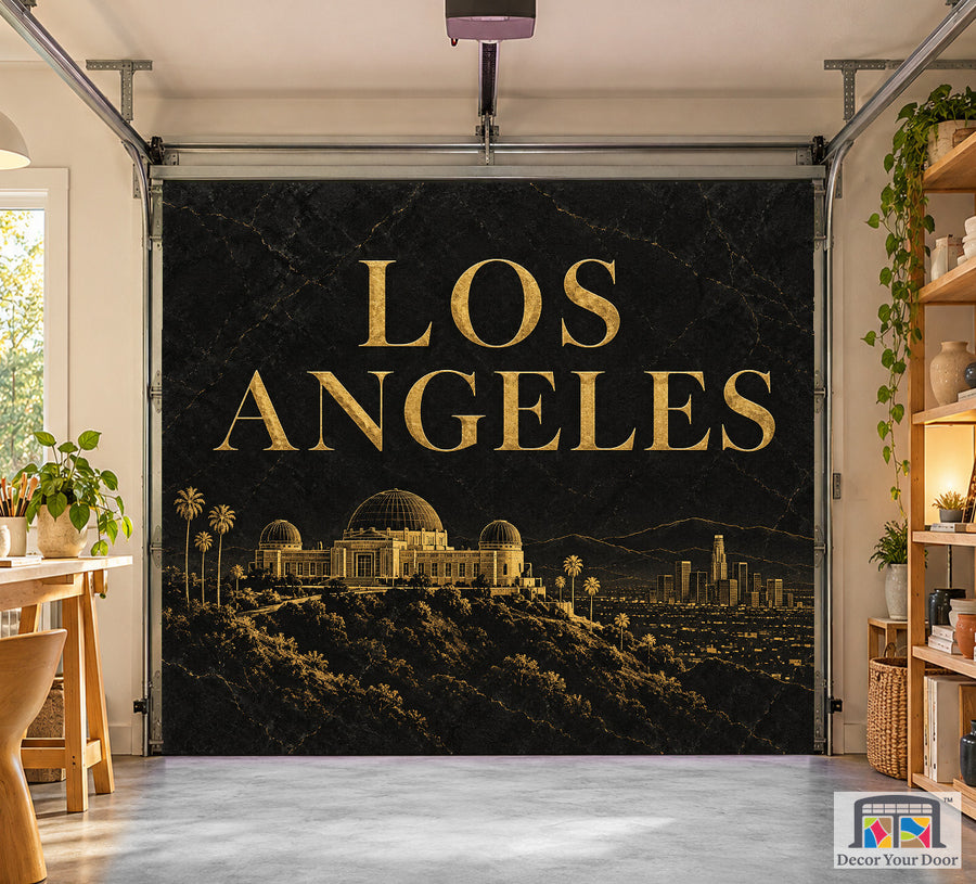 Los Angeles Black and Gold interior garage door cover on a one-car door, front view