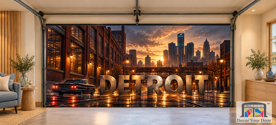 Detroit Motor City Afterglow interior garage door cover on a two-car door, front view
