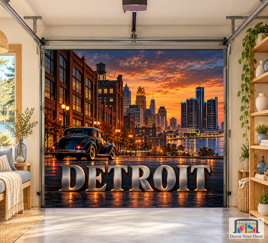Detroit Motor City Afterglow interior garage door cover on a one-car door, front view