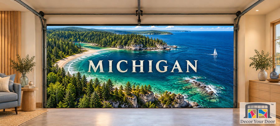 Michigan Great Lakes Aerial interior garage door cover on a two-car door, front view