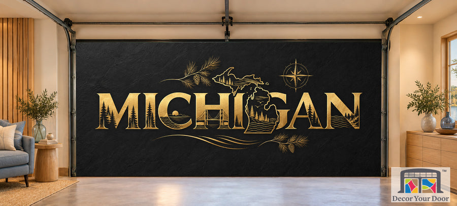 Michigan Modern Compass interior garage door cover on a two-car door, front view