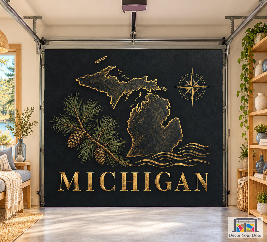 Michigan Modern Compass interior garage door cover on a one-car door, front view