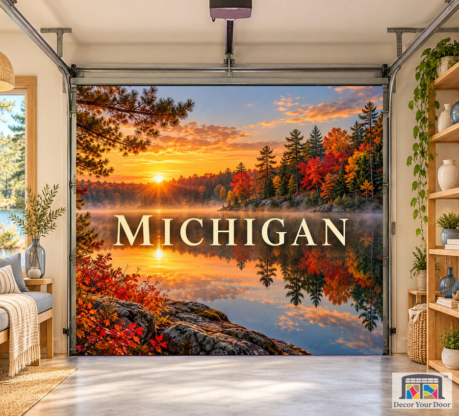 Michigan Northern Forest Reflections interior garage door cover on a one-car door, front view
