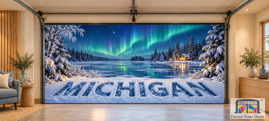 Michigan Winter Aurora interior garage door cover on a two-car door, front view