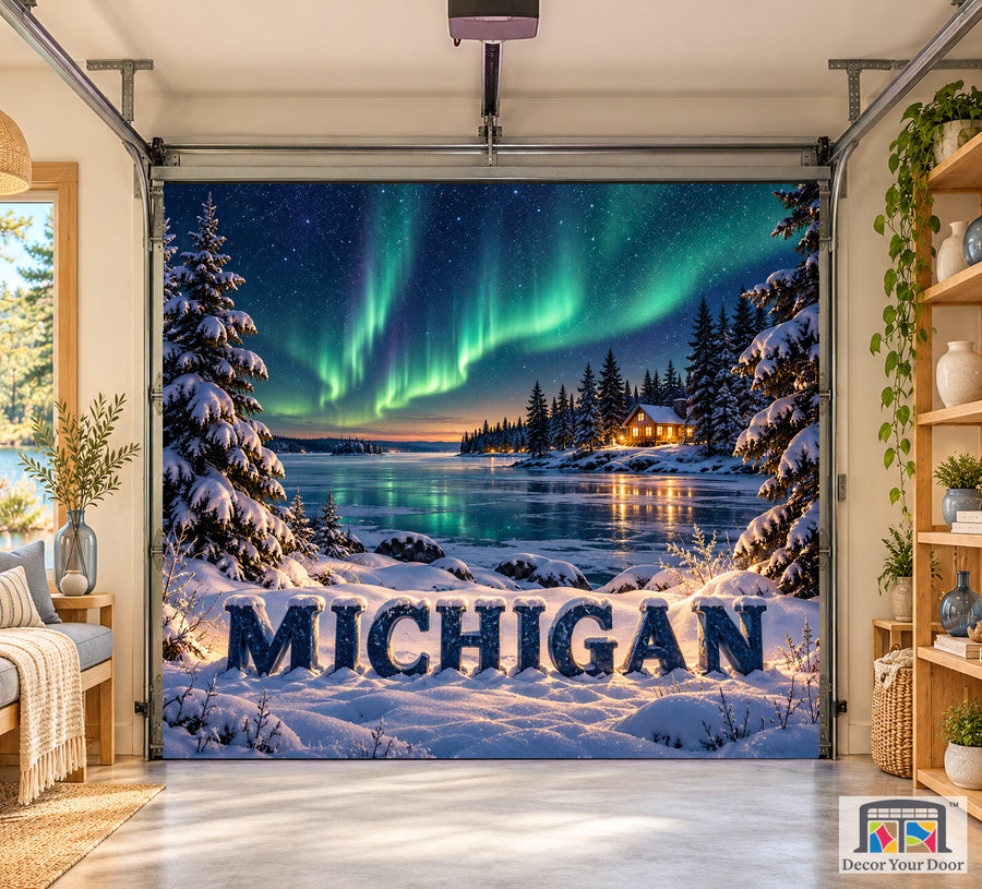 Michigan Winter Aurora interior garage door cover on a one-car door, front view