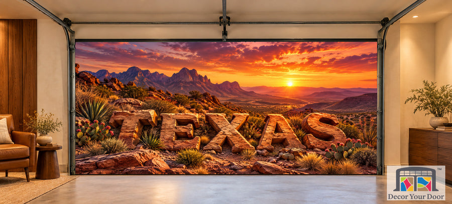 Texas Desert Sunset interior garage door cover on a two-car door, front view