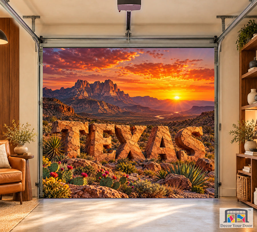 Texas Desert Sunset interior garage door cover on a one-car door, front view