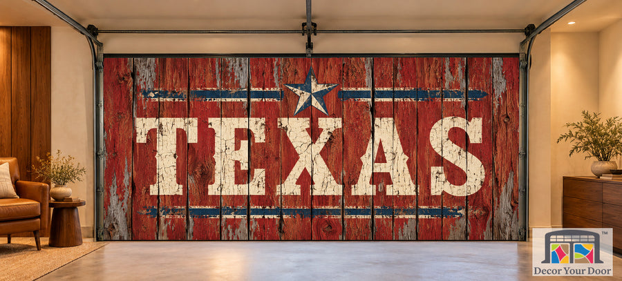 Texas Weathered Barn Pride interior garage door cover on a two-car door, front view
