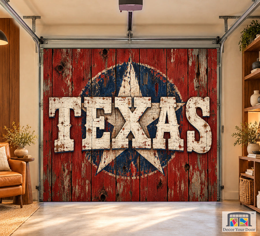 Texas Weathered Barn Pride interior garage door cover on a one-car door, front view