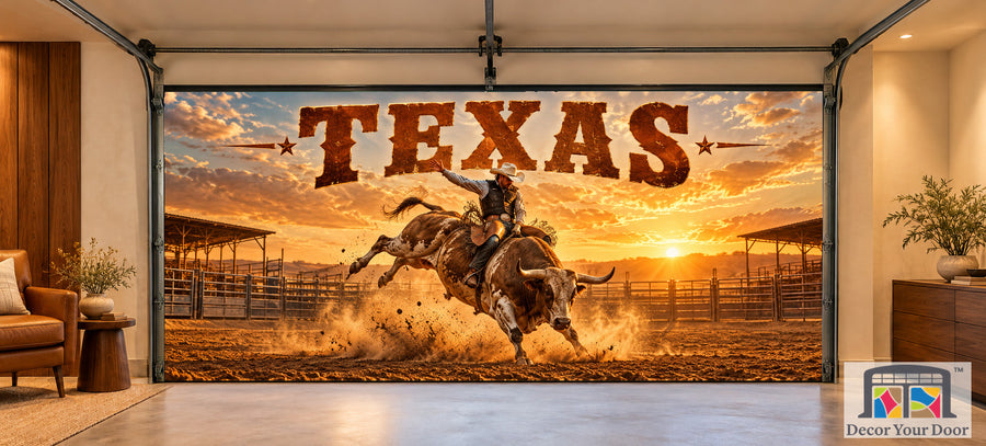 Texas Rodeo Golden Dust interior garage door cover on a two-car door, front view