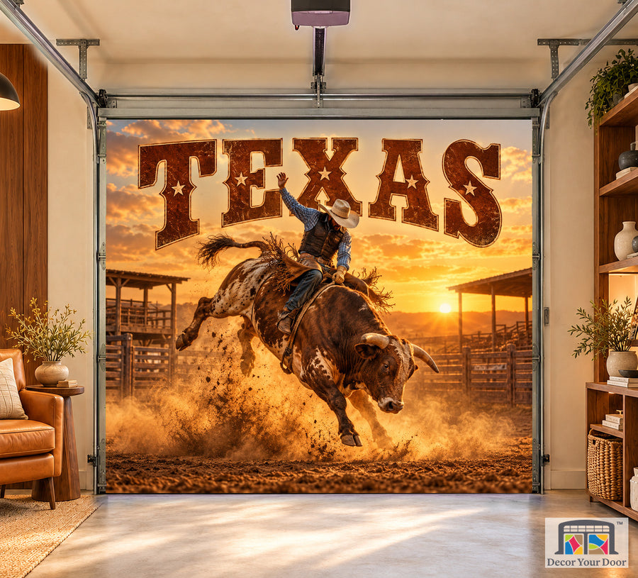 Texas Rodeo Golden Dust interior garage door cover on a one-car door, front view