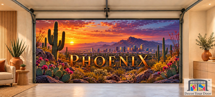 Phoenix Sonoran Afterglow interior garage door cover, two-car front house mockup