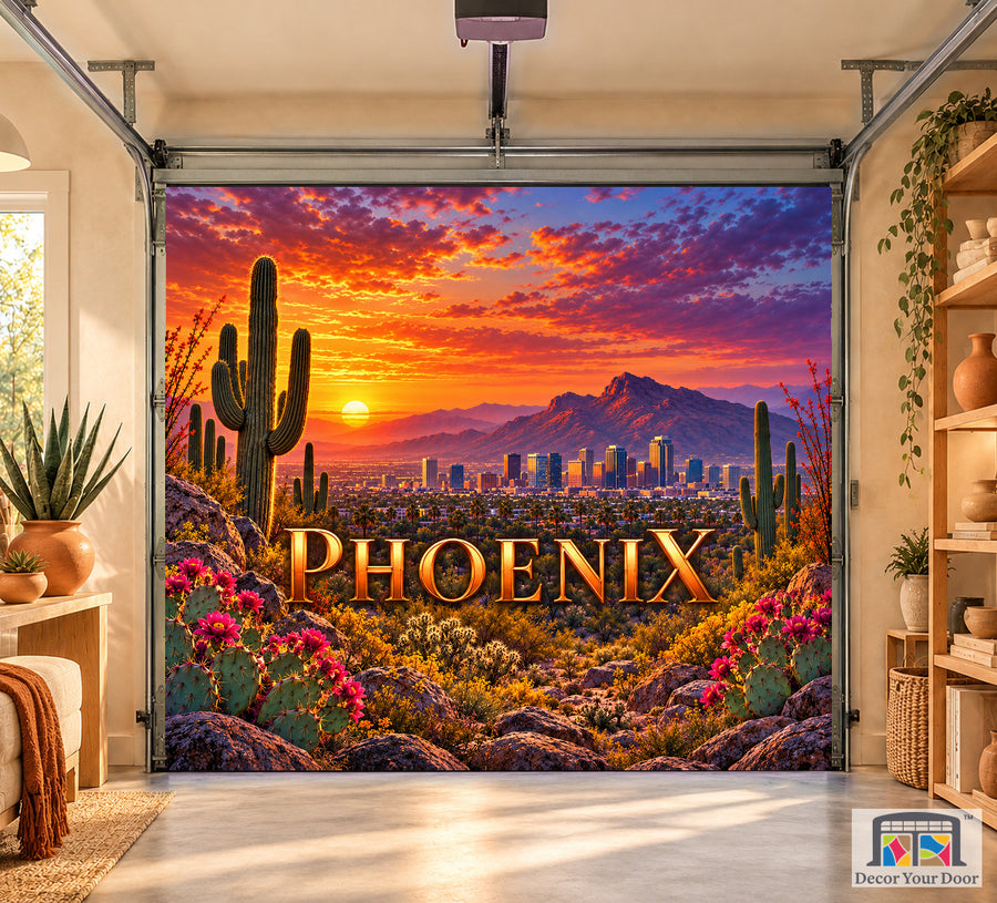 Phoenix Sonoran Afterglow interior garage door cover, one-car front house mockup