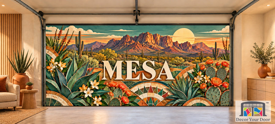 Mesa Desert Mosaic interior garage door cover, two-car front house mockup