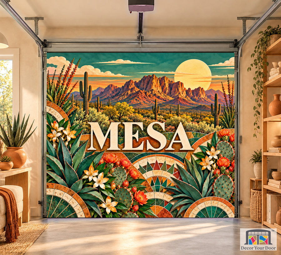 Mesa Desert Mosaic interior garage door cover, one-car front house mockup