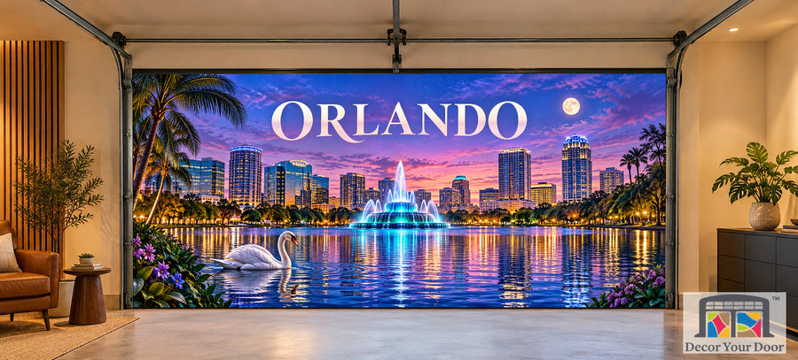 Orlando Lake Eola Twilight interior garage door cover, two-car front house mockup