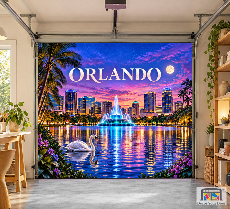 Orlando Lake Eola Twilight interior garage door cover, one-car front house mockup