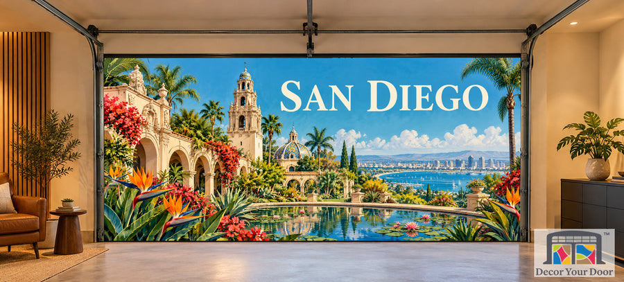 San Diego Balboa Botanical interior garage door cover, two-car front house mockup