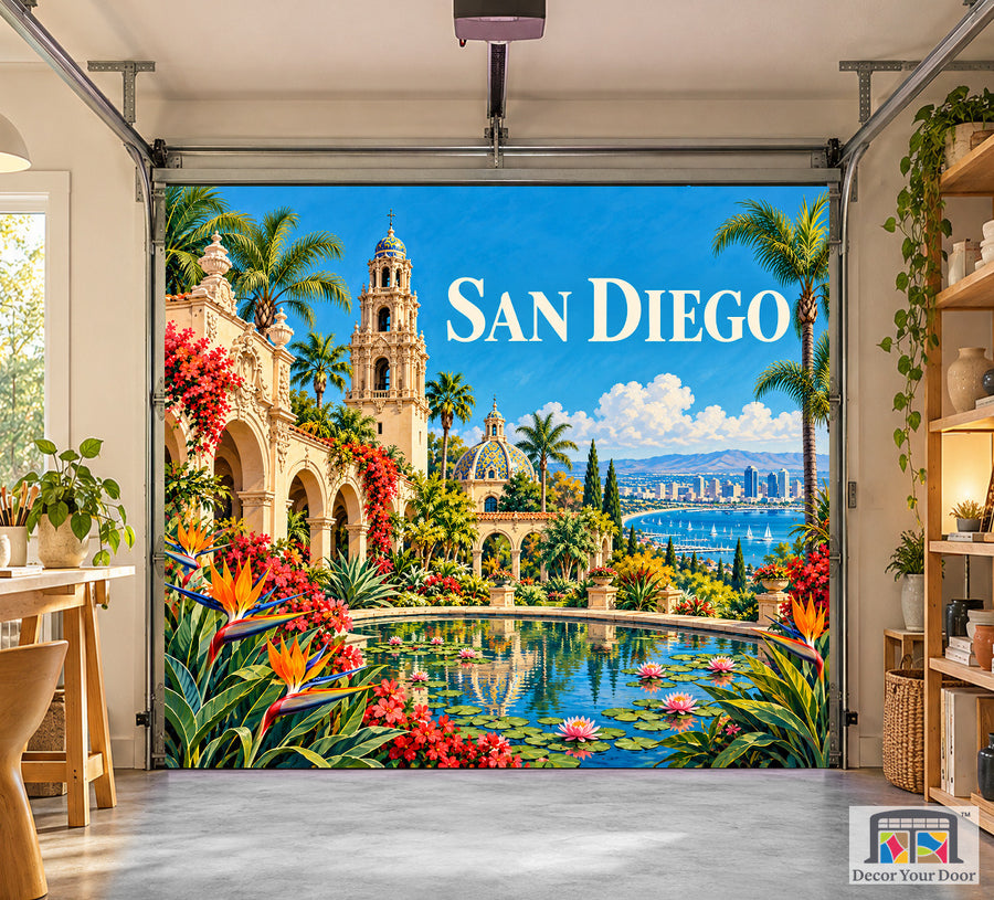 San Diego Balboa Botanical interior garage door cover, one-car front house mockup