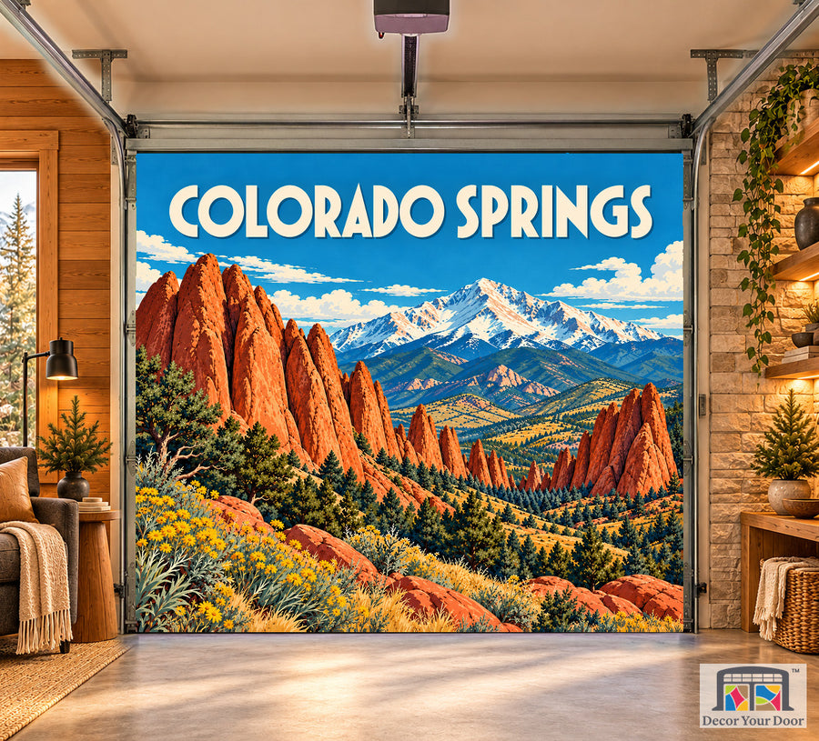 Colorado Springs Red Rock Majesty interior garage door cover, one-car front house mockup