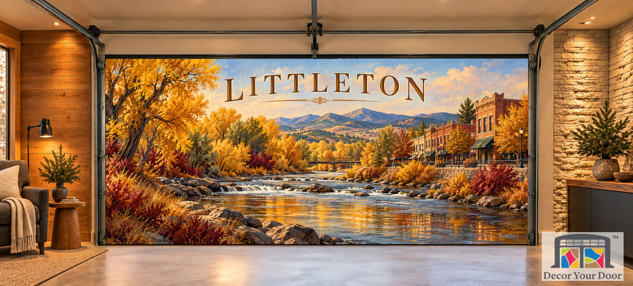Littleton Autumn on the Platte interior garage door cover, two-car front house mockup