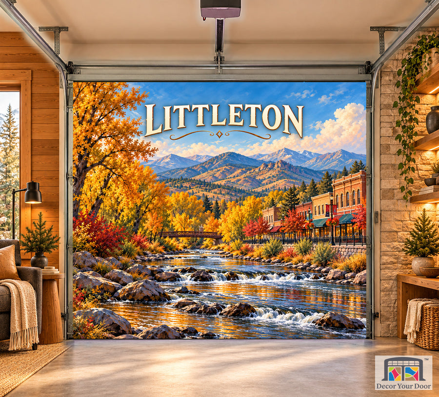 Littleton Autumn on the Platte interior garage door cover, one-car front house mockup