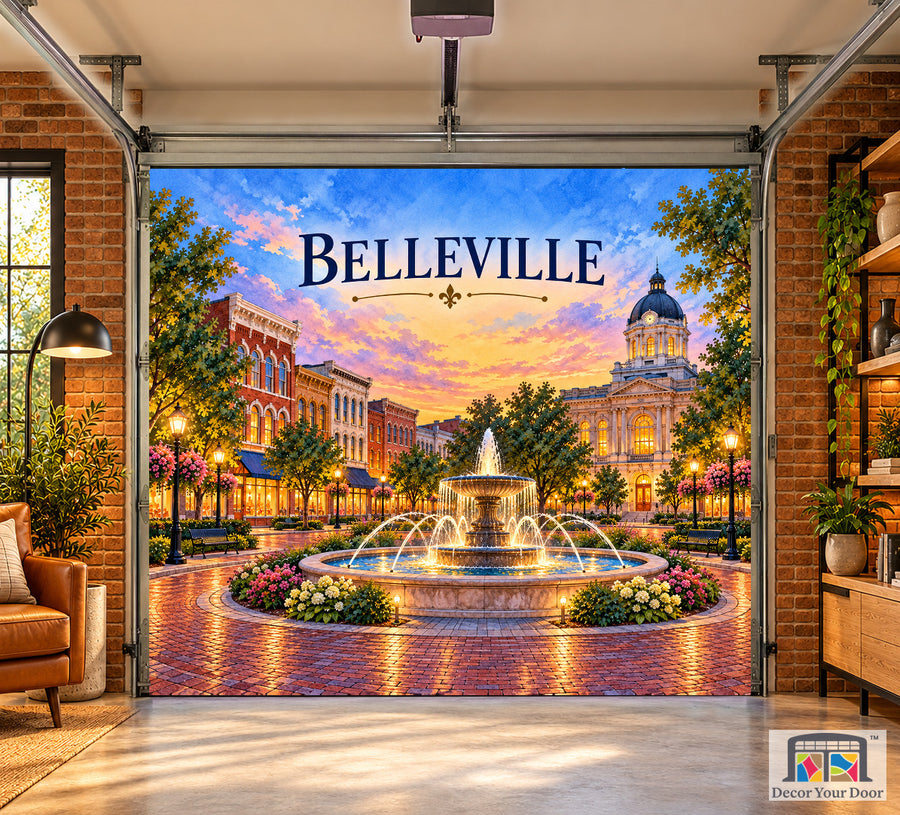 Belleville Public Square Glow interior garage door cover, one-car front house mockup