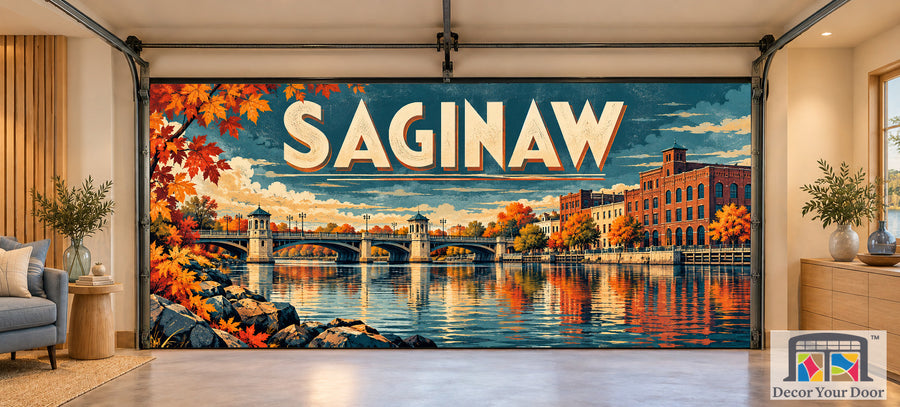 Saginaw River City Reflections interior garage door cover, two-car front house mockup